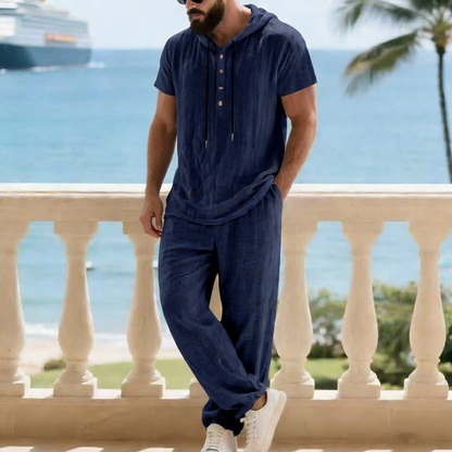 Ensemble deux pièces en lin pour homme : chemise Henley à capuche et pantalon