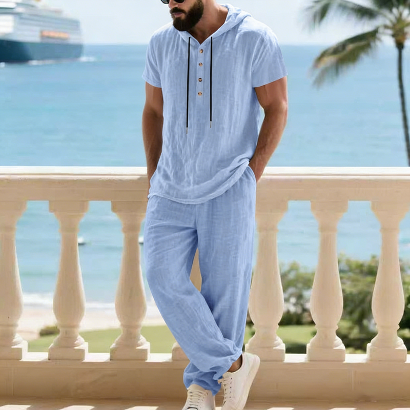 Ensemble deux pièces en lin pour homme : chemise Henley à capuche et pantalon