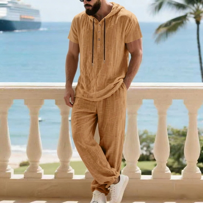Ensemble deux pièces en lin pour homme : chemise Henley à capuche et pantalon