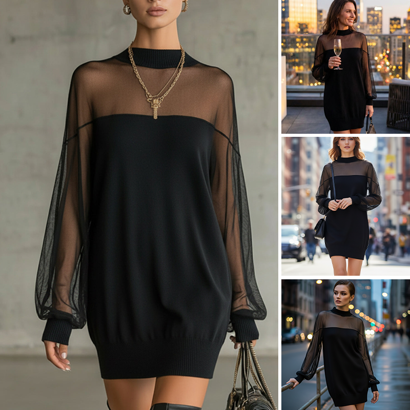 Mini-robe à col montant en maille transparente