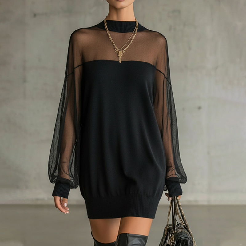 Mini-robe à col montant en maille transparente