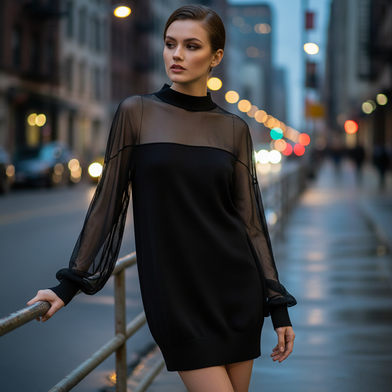 Mini-robe à col montant en maille transparente
