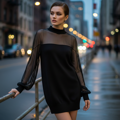 Mini-robe à col montant en maille transparente