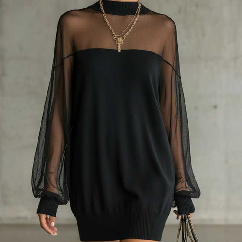 Mini-robe à col montant en maille transparente
