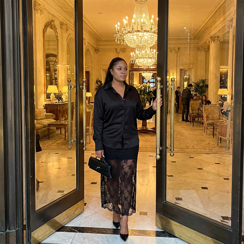 Ensemble femme avec haut boutonné et jupe en dentelle florale