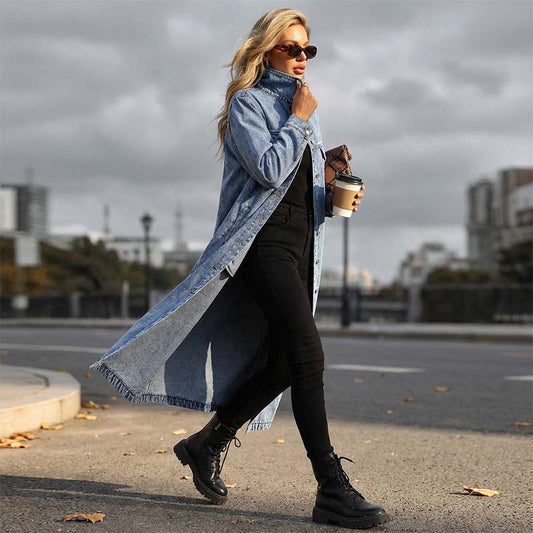 📢📢60 % de réduction !!⏰LIVRAISON GRATUITE⏰Manteau long en denim boutonné pour femme