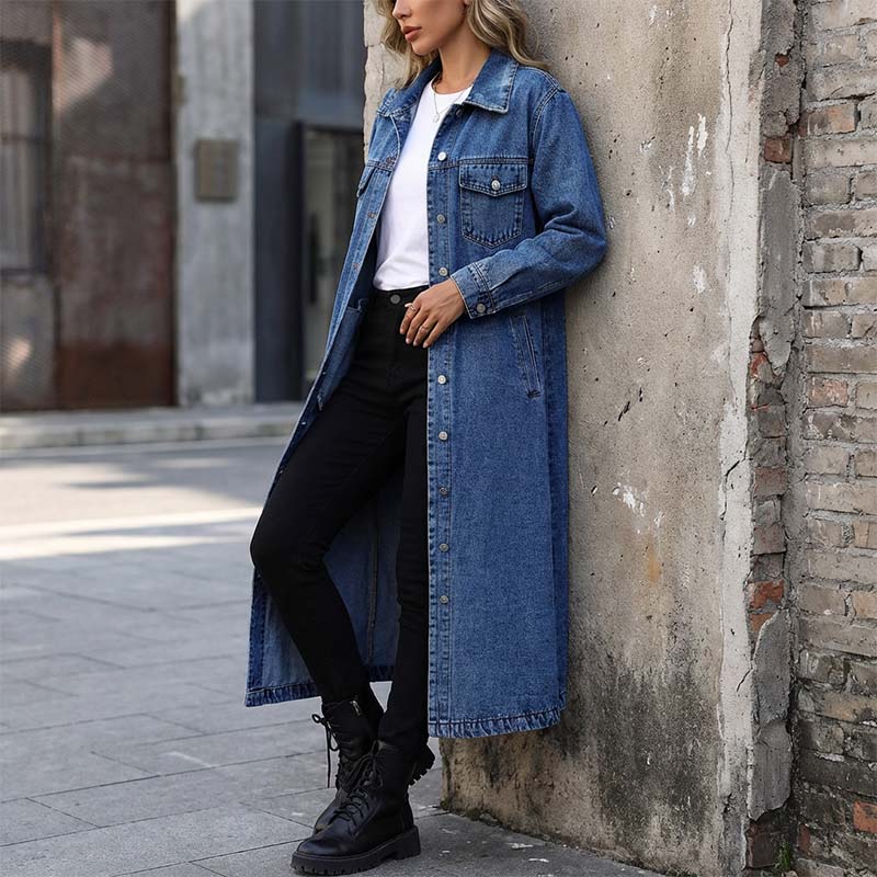 📢📢60 % de réduction !!⏰LIVRAISON GRATUITE⏰Manteau long en denim boutonné pour femme