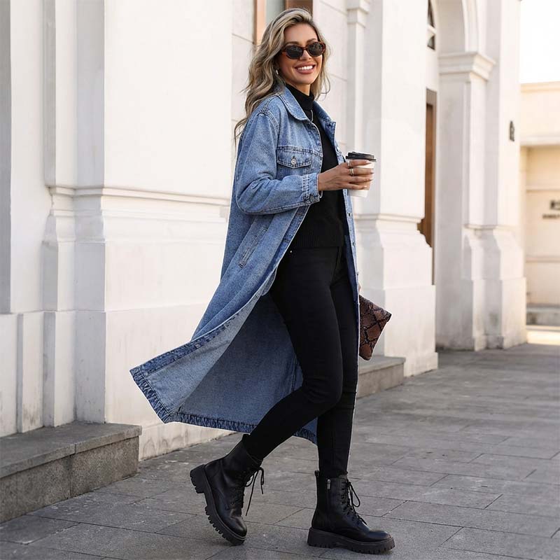 📢📢60 % de réduction !!⏰LIVRAISON GRATUITE⏰Manteau long en denim boutonné pour femme