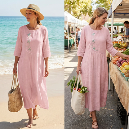 Robe midi décontractée et ample pour femme avec broderie 🔥Achetez 2 articles et bénéficiez de la livraison gratuite🔥