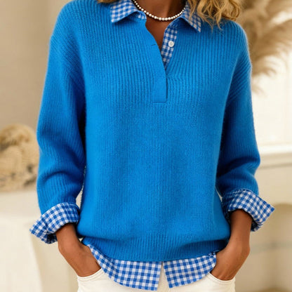 Pull à col chemise 2-en-1 avec effet superposé pour femme