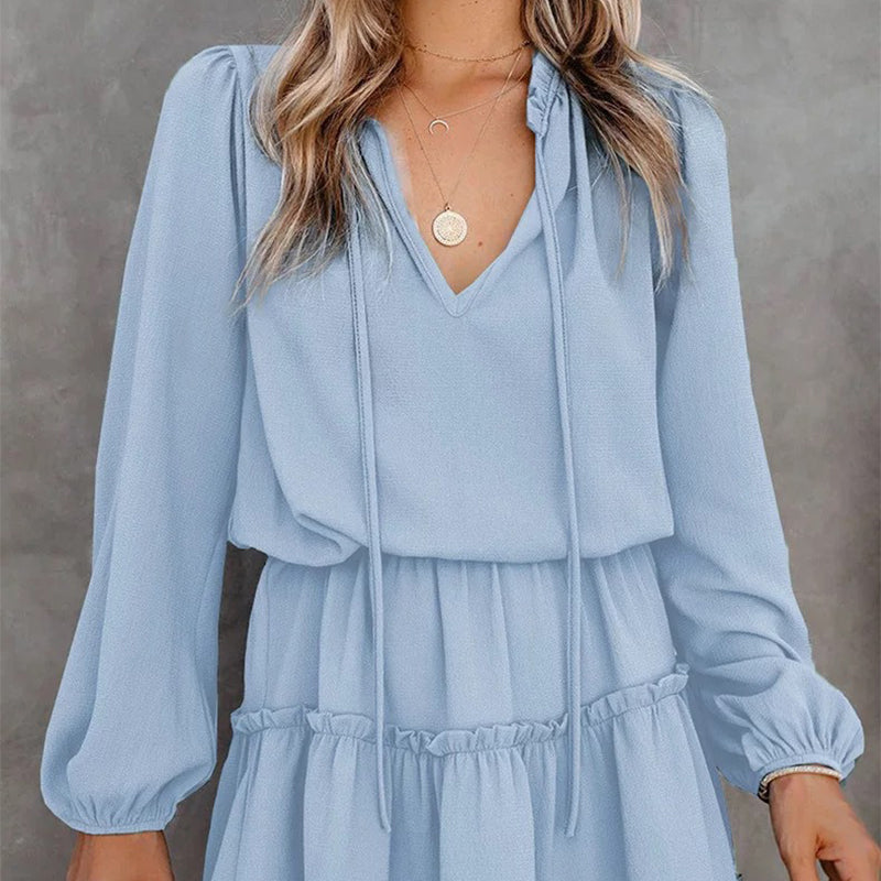 Robe femme à col en V et bordure à volants