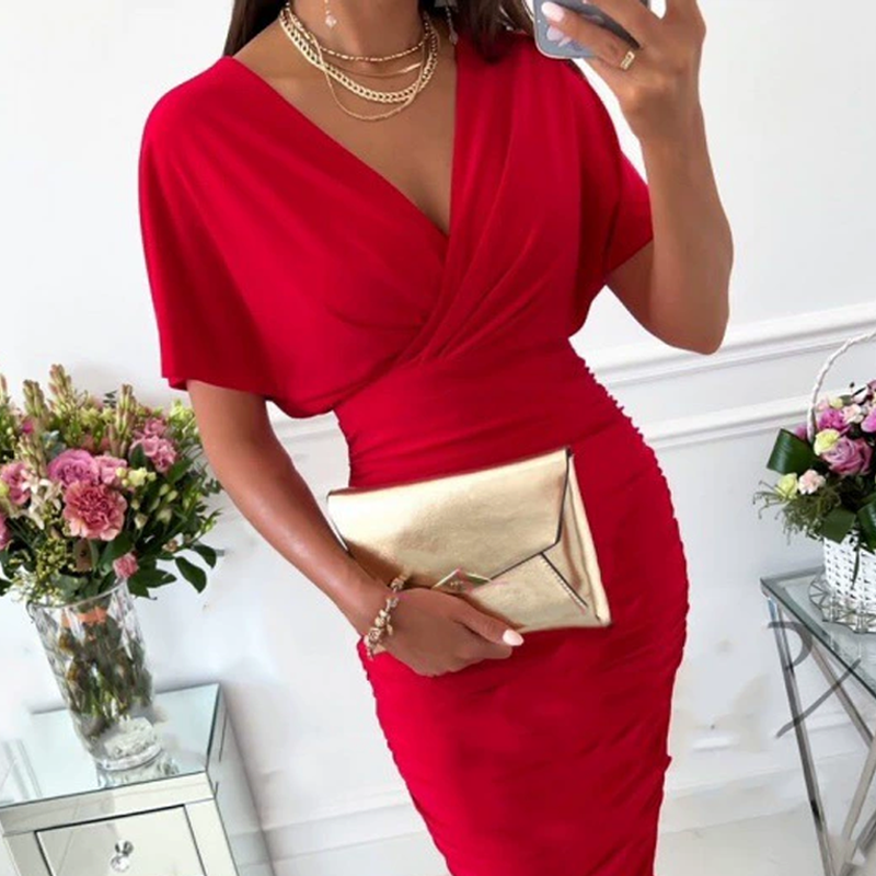 📢📢50 % de réduction !! ⏰Robe moulante sexy à col en V froncé pour femme