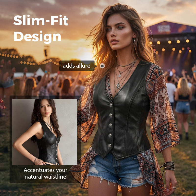 Gilet en cuir PU à col en V et boutonné sur le devant pour femme