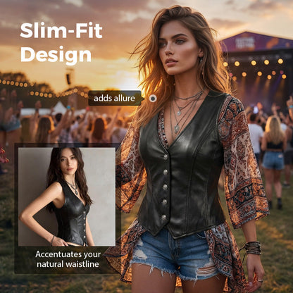 Gilet en cuir PU à col en V et boutonné sur le devant pour femme