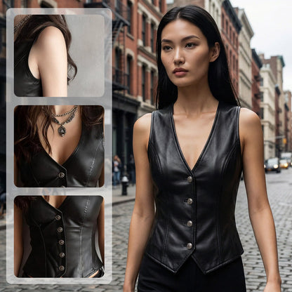 Gilet en cuir PU à col en V et boutonné sur le devant pour femme