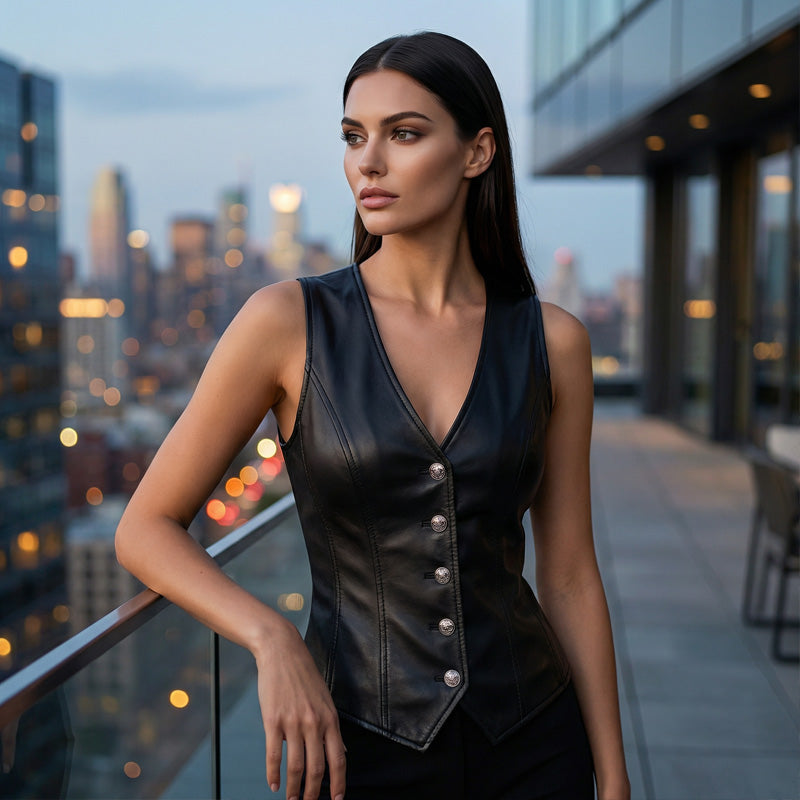 Gilet en cuir PU à col en V et boutonné sur le devant pour femme