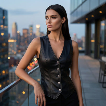 Gilet en cuir PU à col en V et boutonné sur le devant pour femme