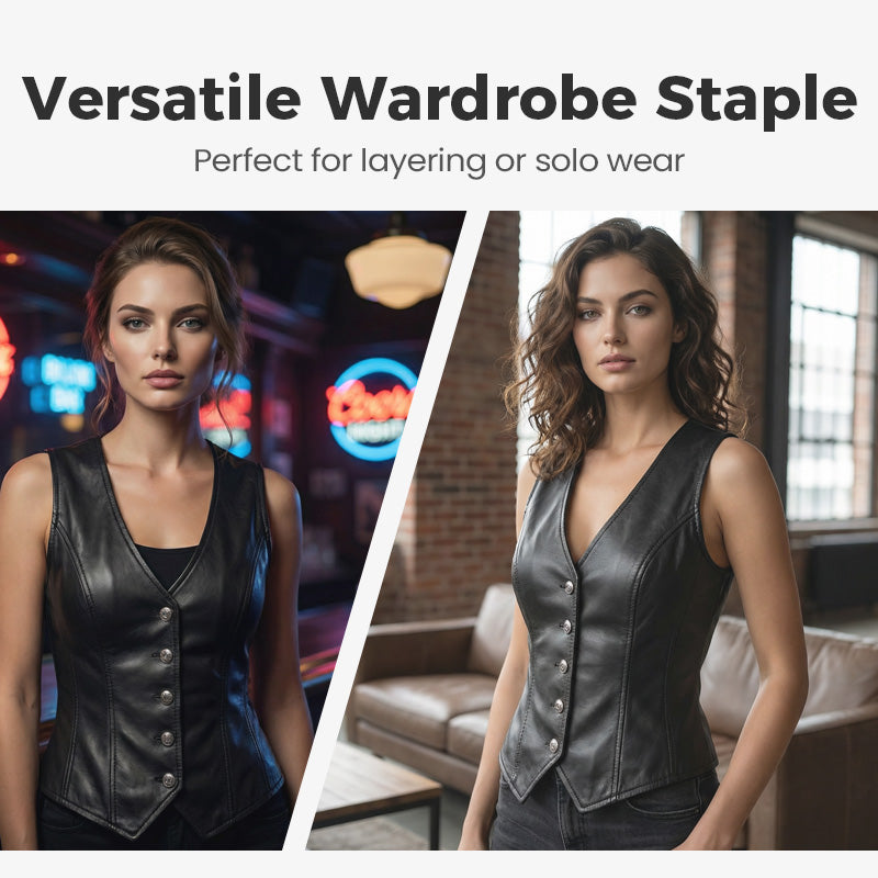 Gilet en cuir PU à col en V et boutonné sur le devant pour femme
