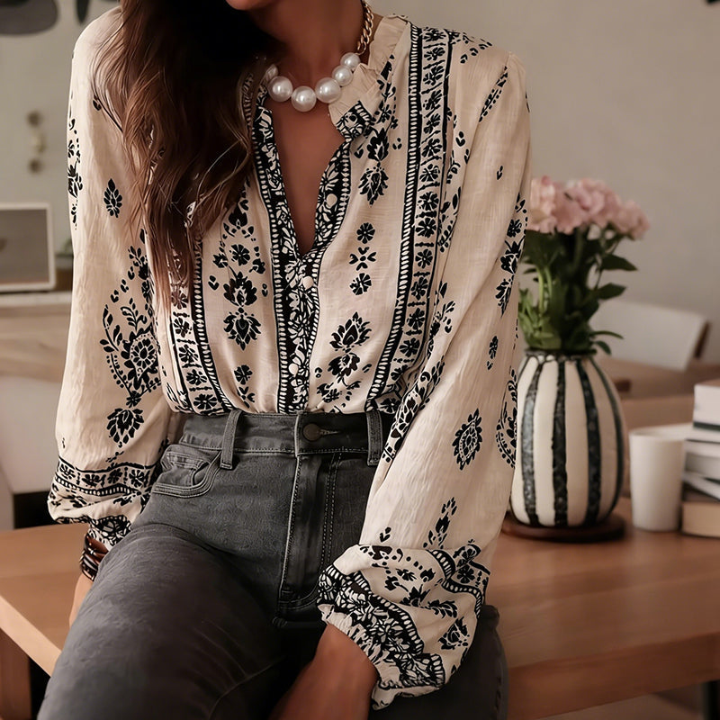 Blouse bohème pour femme à manches lanterne et col volanté