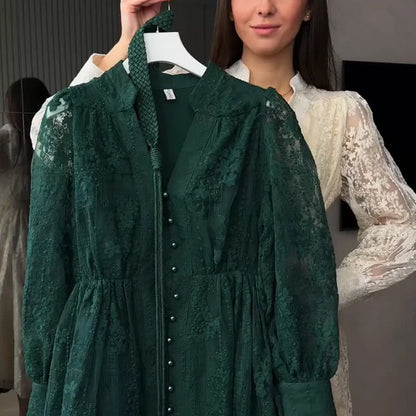📢📢50 % de réduction !! ⏰ Robe Vintage à Manches Lanternes Brodées – Dentelle Délicate, Coupe Romantique & Élégance Rétro 🌸
