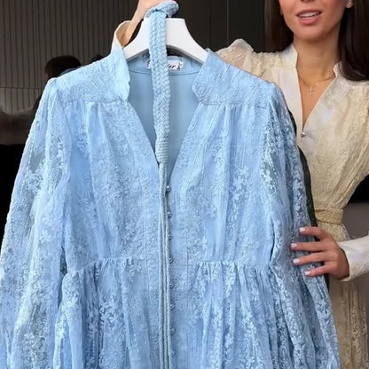 📢📢50 % de réduction !! ⏰ Robe Vintage à Manches Lanternes Brodées – Dentelle Délicate, Coupe Romantique & Élégance Rétro 🌸