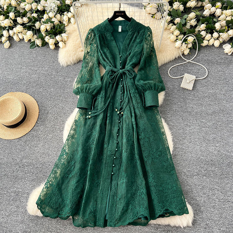 📢📢50 % de réduction !! ⏰ Robe Vintage à Manches Lanternes Brodées – Dentelle Délicate, Coupe Romantique & Élégance Rétro 🌸