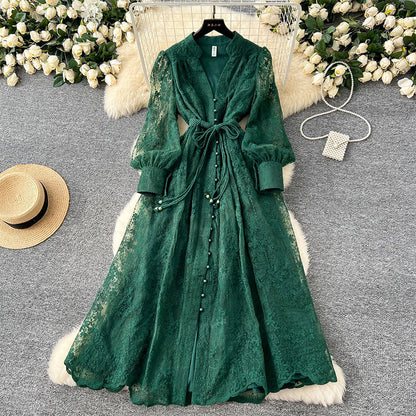 📢📢50 % de réduction !! ⏰ Robe Vintage à Manches Lanternes Brodées – Dentelle Délicate, Coupe Romantique & Élégance Rétro 🌸