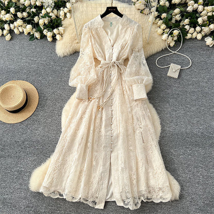 📢📢50 % de réduction !! ⏰ Robe Vintage à Manches Lanternes Brodées – Dentelle Délicate, Coupe Romantique & Élégance Rétro 🌸