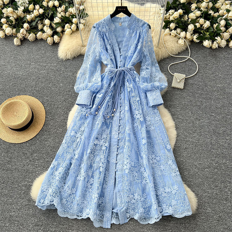 📢📢50 % de réduction !! ⏰ Robe Vintage à Manches Lanternes Brodées – Dentelle Délicate, Coupe Romantique & Élégance Rétro 🌸