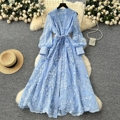 📢📢50 % de réduction !! ⏰ Robe Vintage à Manches Lanternes Brodées – Dentelle Délicate, Coupe Romantique & Élégance Rétro 🌸