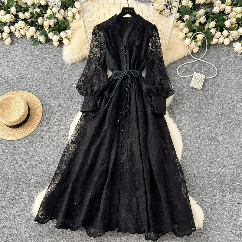 📢📢50 % de réduction !! ⏰ Robe Vintage à Manches Lanternes Brodées – Dentelle Délicate, Coupe Romantique & Élégance Rétro 🌸
