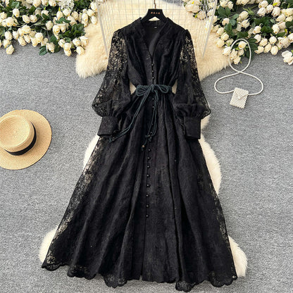 📢📢50 % de réduction !! ⏰ Robe Vintage à Manches Lanternes Brodées – Dentelle Délicate, Coupe Romantique & Élégance Rétro 🌸