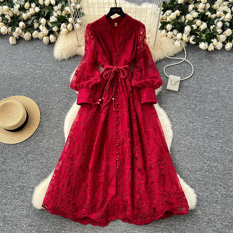 📢📢50 % de réduction !! ⏰ Robe Vintage à Manches Lanternes Brodées – Dentelle Délicate, Coupe Romantique & Élégance Rétro 🌸
