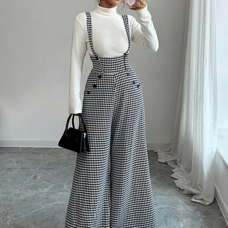📢📢50 % DE RÉDUCTION !! ⏰ Pantalon Taille Haute à Bretelles Motif Pied-de-Poule – Coupe Large, Élégance Vintage & Silhouette Allongée 🎀👖