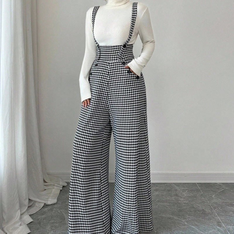 📢📢50 % DE RÉDUCTION !! ⏰ Pantalon Taille Haute à Bretelles Motif Pied-de-Poule – Coupe Large, Élégance Vintage & Silhouette Allongée 🎀👖