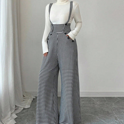 📢📢50 % DE RÉDUCTION !! ⏰ Pantalon Taille Haute à Bretelles Motif Pied-de-Poule – Coupe Large, Élégance Vintage & Silhouette Allongée 🎀👖