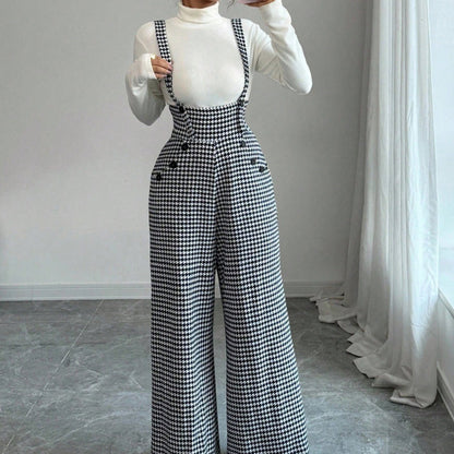 📢📢50 % DE RÉDUCTION !! ⏰ Pantalon Taille Haute à Bretelles Motif Pied-de-Poule – Coupe Large, Élégance Vintage & Silhouette Allongée 🎀👖