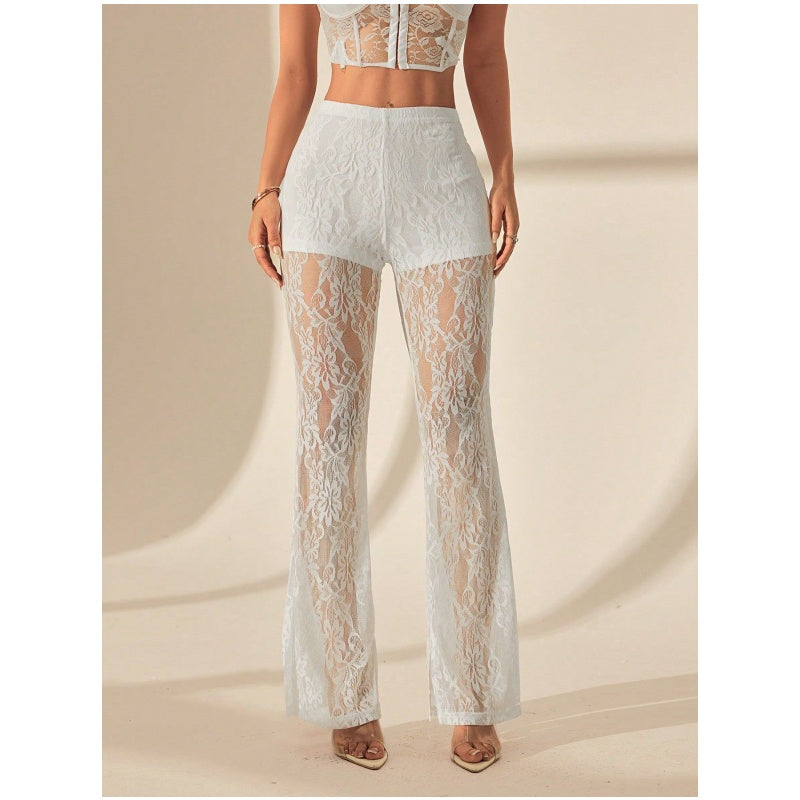 Pantalon évasé élégant en dentelle, taille haute