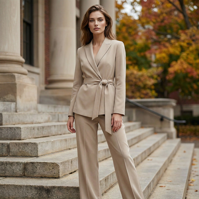 Ensemble élégant pour femme composé d'un blazer à taille nouée et d'un pantalon à jambes larges