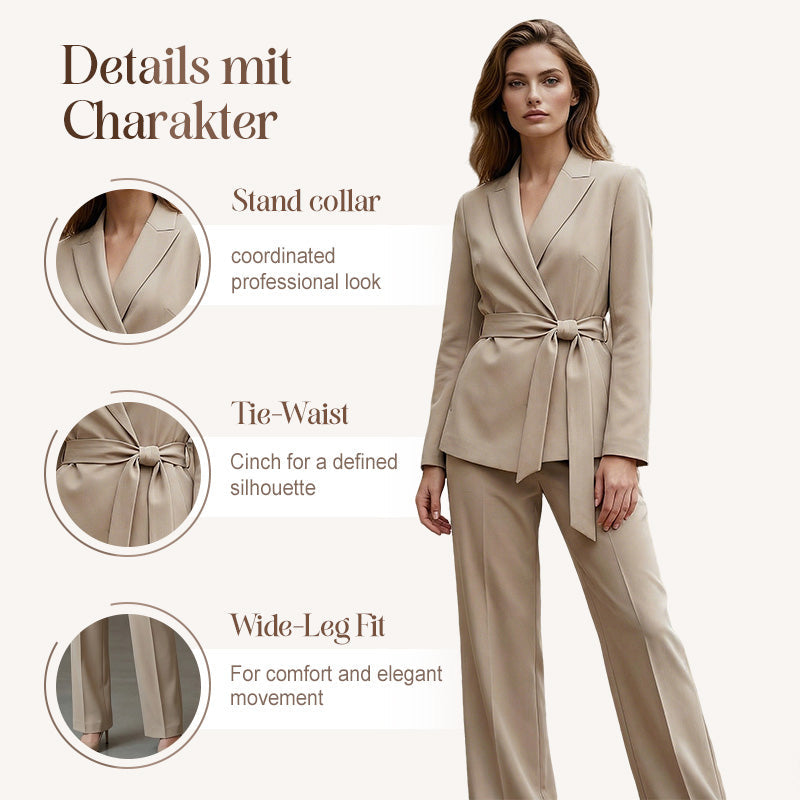 Ensemble élégant pour femme composé d'un blazer à taille nouée et d'un pantalon à jambes larges