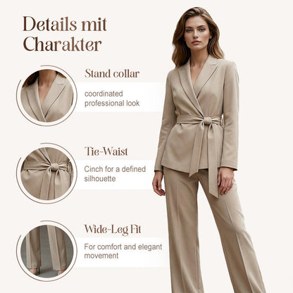 Ensemble élégant pour femme composé d'un blazer à taille nouée et d'un pantalon à jambes larges