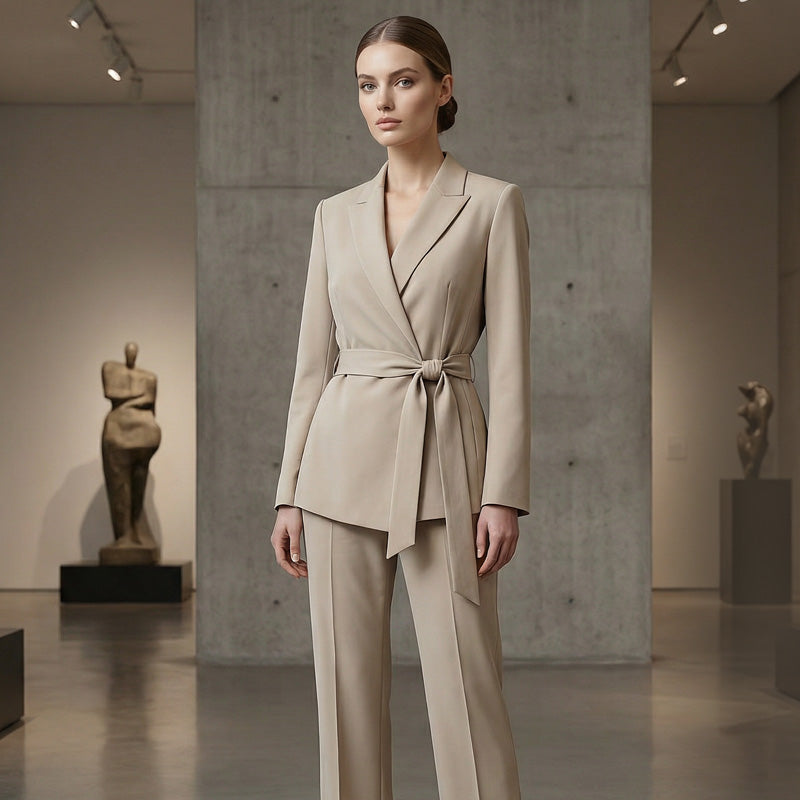 Ensemble élégant pour femme composé d'un blazer à taille nouée et d'un pantalon à jambes larges