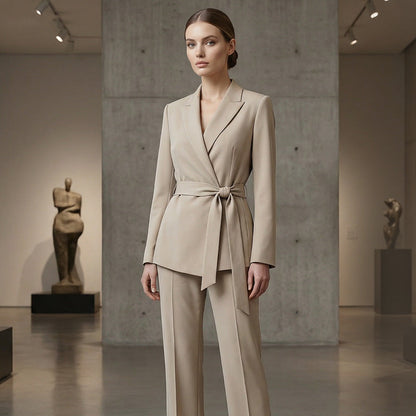 Ensemble élégant pour femme composé d'un blazer à taille nouée et d'un pantalon à jambes larges