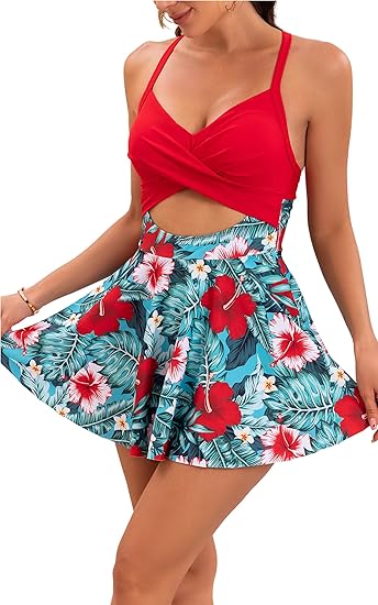 Maillot de Bain Une Pièce avec Jupe Découpé pour Femme