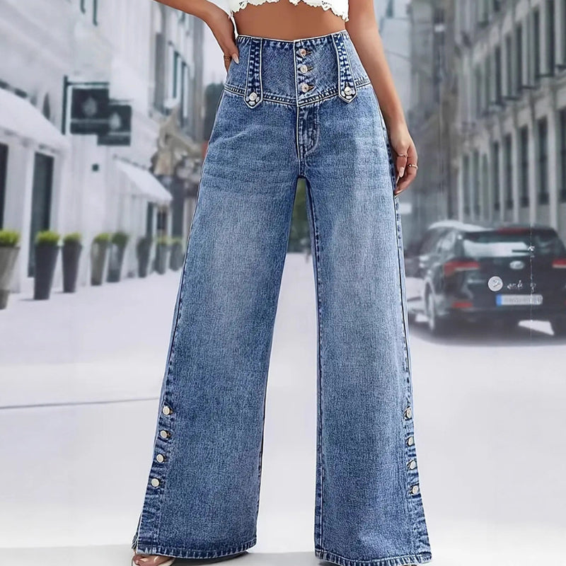💎 NOUVEAUTÉS 2026 - MEILLEURES VENTES 💎 Jean Taille Haute à Jambes Larges – Fentes Latérales Aérées & Denim Extensible 🌸👖
