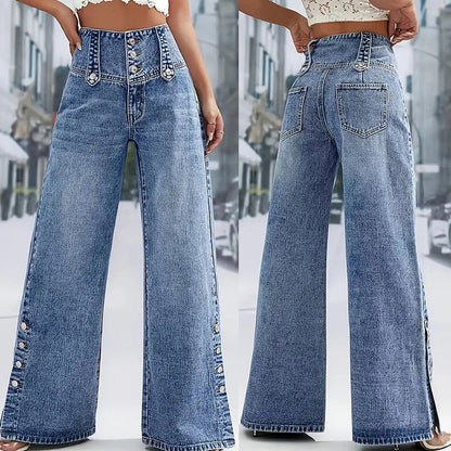 💎 NOUVEAUTÉS 2026 - MEILLEURES VENTES 💎 Jean Taille Haute à Jambes Larges – Fentes Latérales Aérées & Denim Extensible 🌸👖