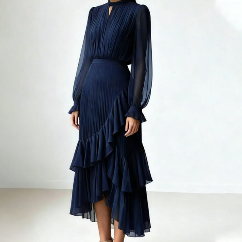 Robe midi plissée pour femme avec volants et encolure en trou de serrure