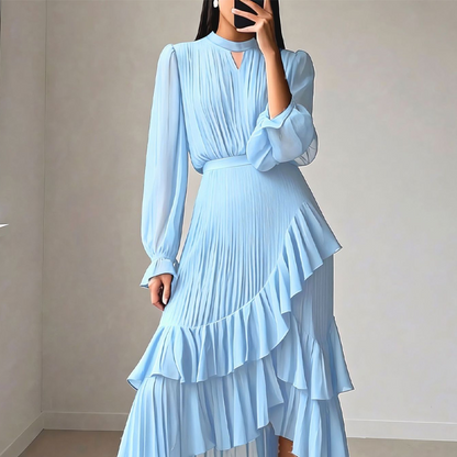 Robe midi plissée pour femme avec volants et encolure en trou de serrure