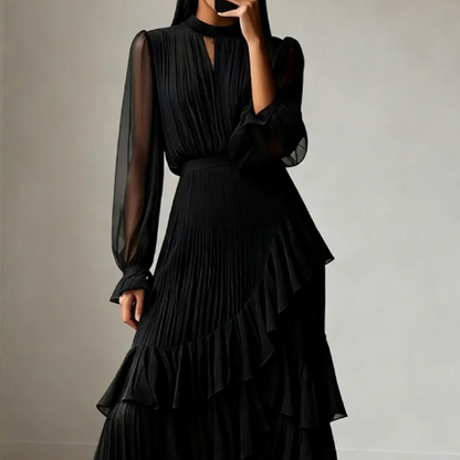 Robe midi plissée pour femme avec volants et encolure en trou de serrure