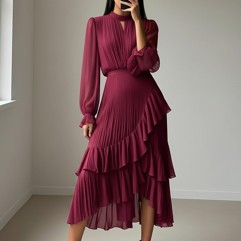 Robe midi plissée pour femme avec volants et encolure en trou de serrure